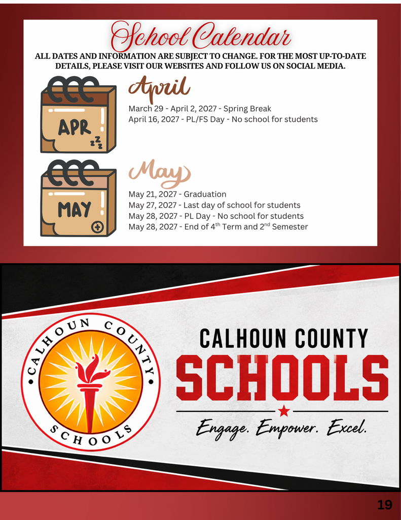 School calendar graphic listing important dates for the 2026-2027 school year, including holidays, breaks, report card dates, parent-teacher conferences, graduation, and the last day of school.