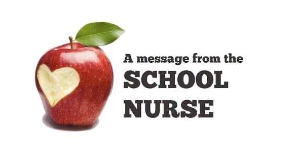 Words “message from school nurse”.  with a picture of an apple with a heart shaped bite out of it. 