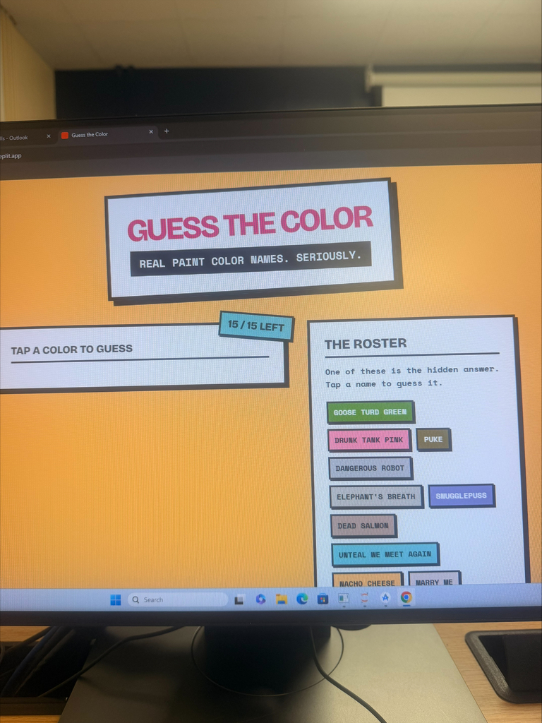 Coding screen for guess the color