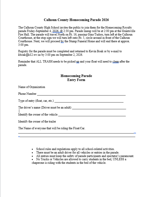 CMHS Homecoming Parade Entry Form