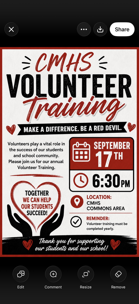 volunteer training at CMHS commons area on September 17th 2026 at 6:30pm