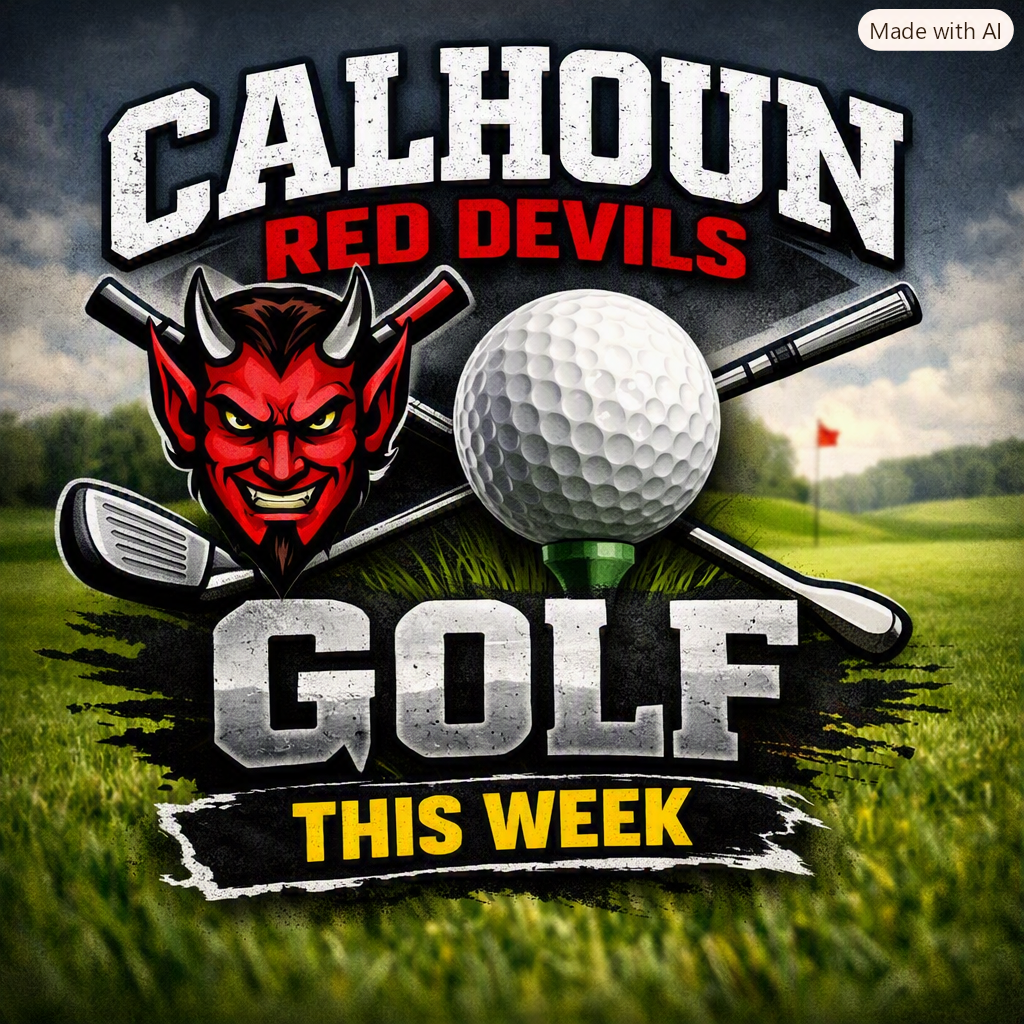 Promotional graphic for Calhoun Red Devils Golf team featuring the mascot, golf clubs, and text ‘This Week.