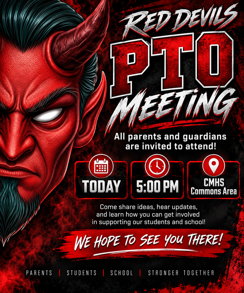 Red and black Calhoun Middle High School PTO meeting flyer featuring the Red Devil mascot. The flyer announces a PTO meeting today at 5:00 PM in the CMHS Commons Area and invites all parents and guardians to attend.