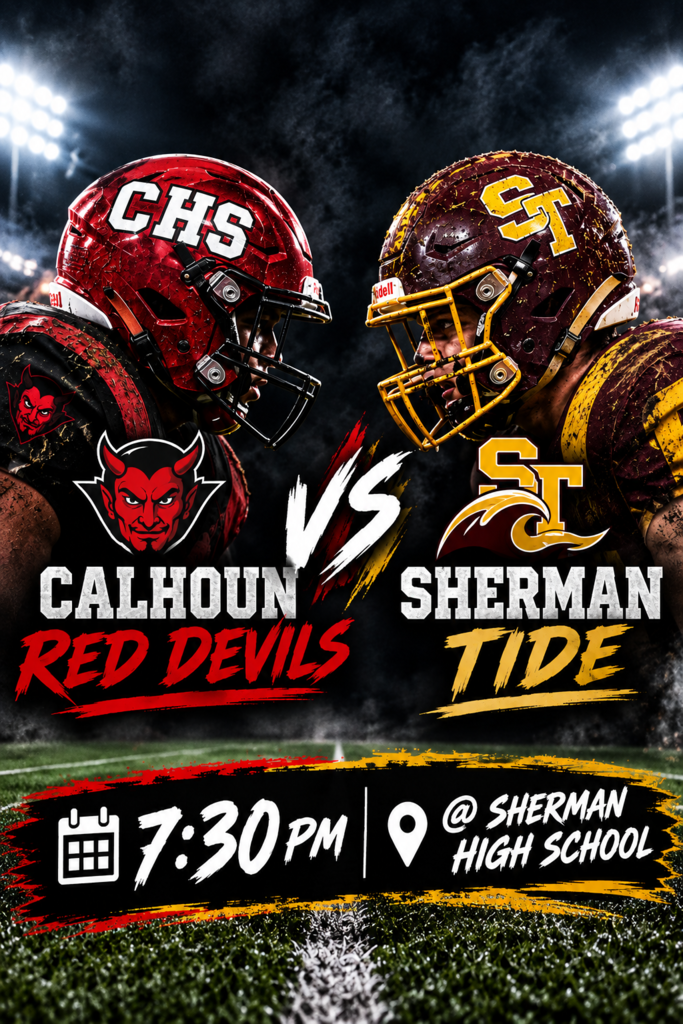 Promotional graphic for a high school football game featuring Calhoun High School Red Devils versus Sherman High School Tide. The graphic shows two football players facing each other under stadium lights. Text reads: "Calhoun Red Devils vs Sherman Tide." Game time is 7:30 PM at Sherman High School.