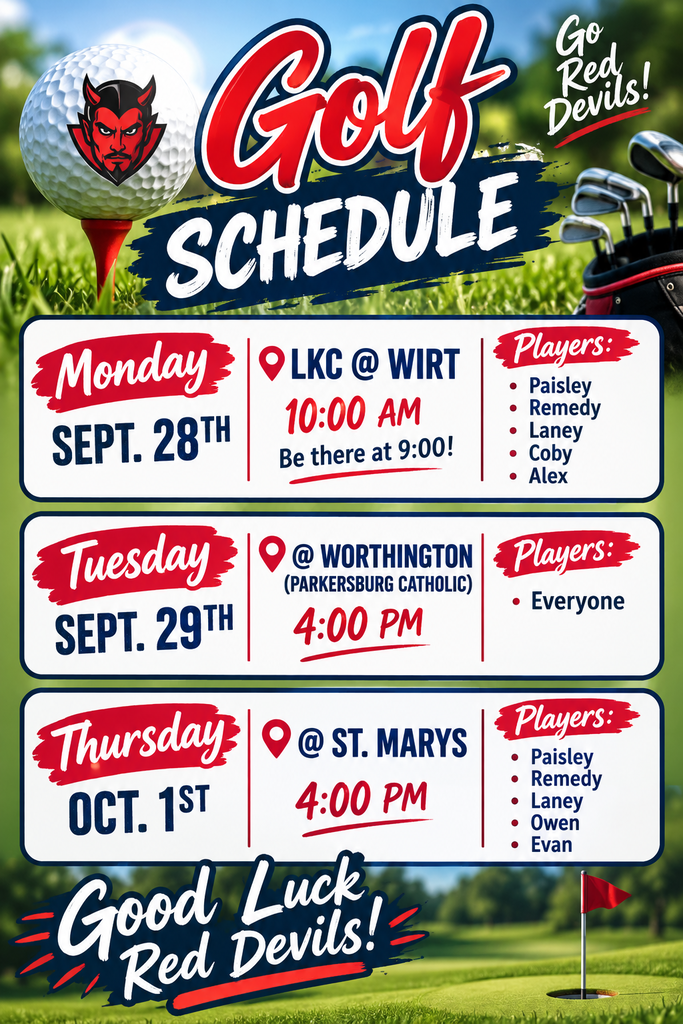 Golf-themed schedule graphic featuring upcoming Red Devils golf matches and participating players for each event.