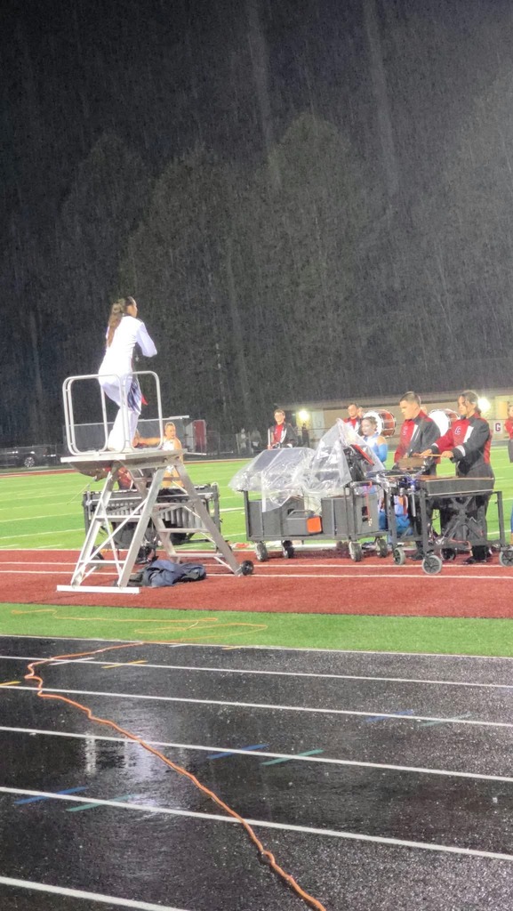The band preforming in a downpour, plastic covering eletrical  equipment. 