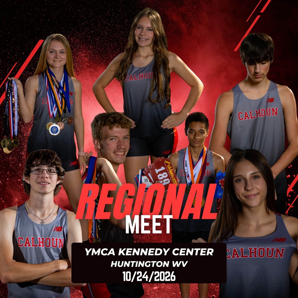 Calhoun cross-country athletes pose with medals and awards in a promotional graphic for the Regional Meet at the YMCA Kennedy Center in Huntington, WV, on October 24, 2026. Text on graphic: "Regional Meet, YMCA Kennedy Center, Huntington WV, 10/24/2026."