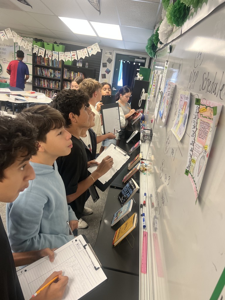 classmates looking at one pagers