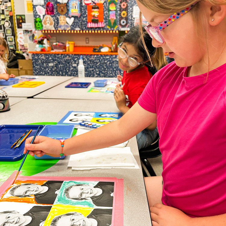 Second grade learned how to properly use a paint brush and create their own version of Andy Warhol portrait art. These will look great hung up in the hall