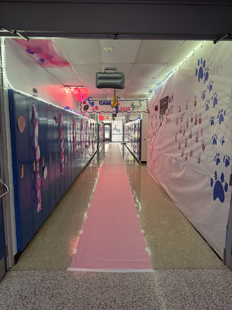 Seniors Finished hallway with records, pink light covers and clear lights above the lockers