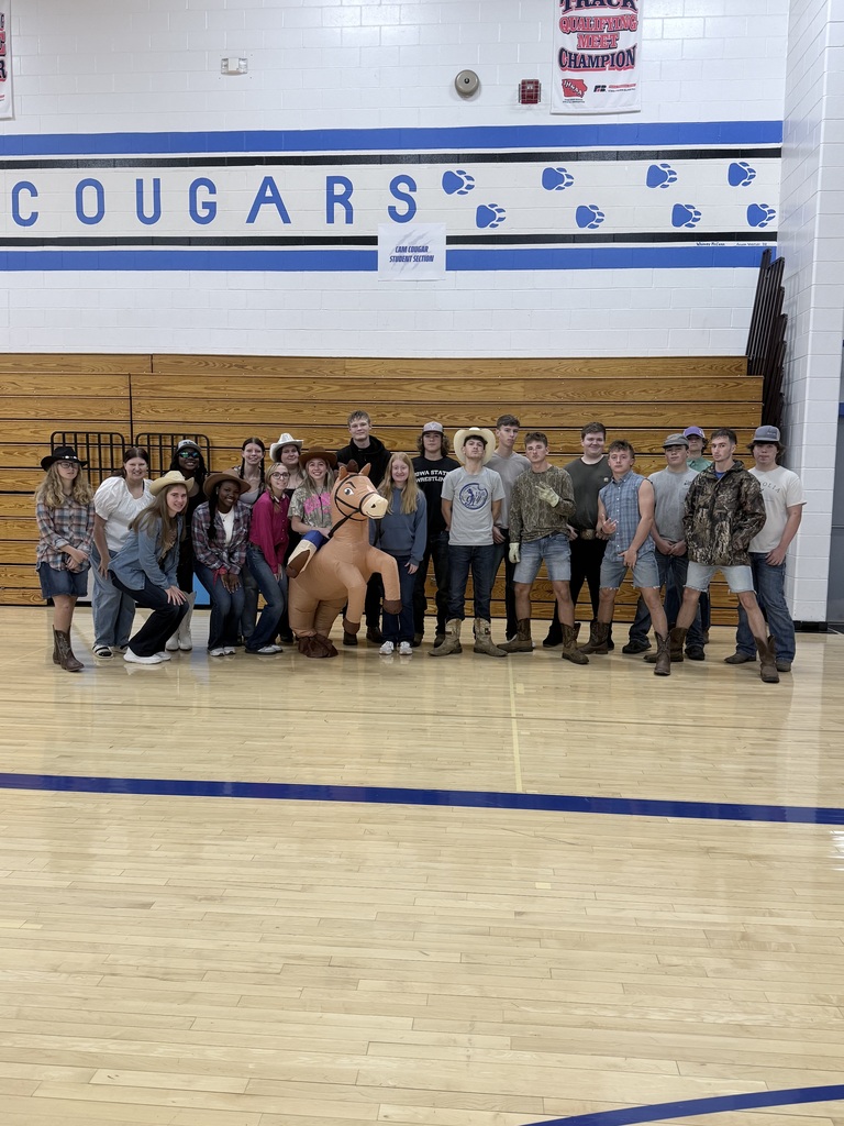 Senior class dressed in Country in the gym. The winner had on a Horse costume