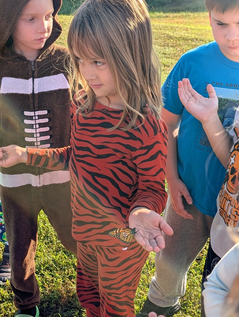 Students with their hands open and butterflies landing on their hands. Girl in middle wearing a tiger striped outfit.