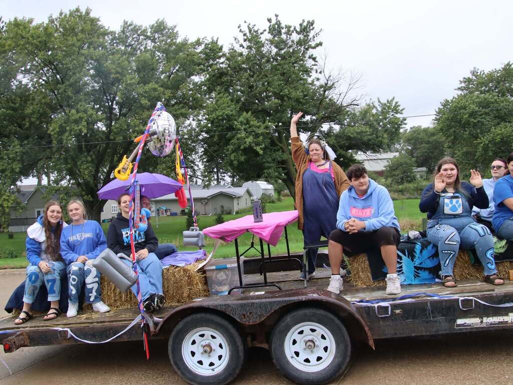 Senior Class Float, trailer, D.J. is Mrs. Fleming and music was playing