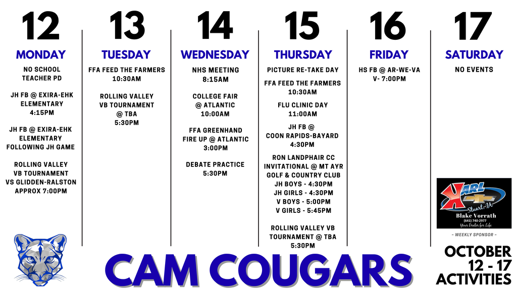 A preview of this week’s CAM activities!  For full details, visit BOUND: https://www.gobound.com/ia/schools/cam/calendar