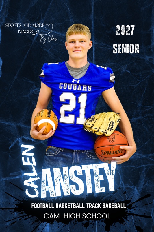 CAM senior Calen Anstey pictured with items representing football, baseball, and basketball