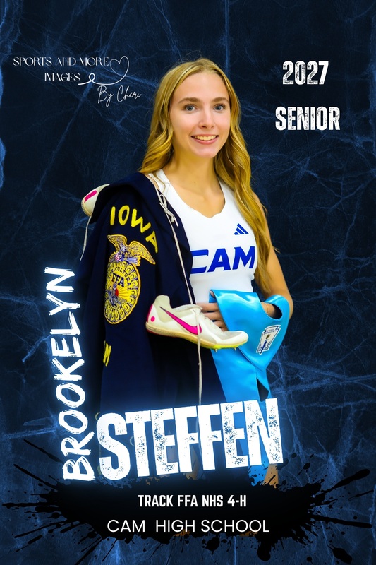 CAM senior Brookelyn Steffen pictured with items representing track, FFA, and NHS