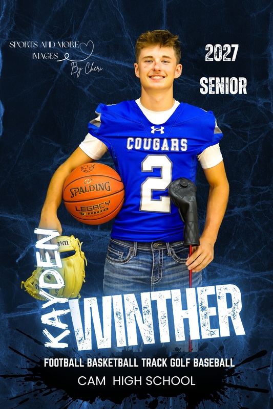 CAM senior Kayden Winther prictured with items representing baseball, basketball, and golf