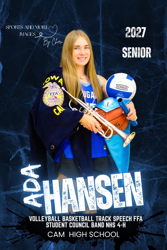 CAM senior Ada Hansen pictured with items representing FFA, Band, Track, NHS, and Volleyball