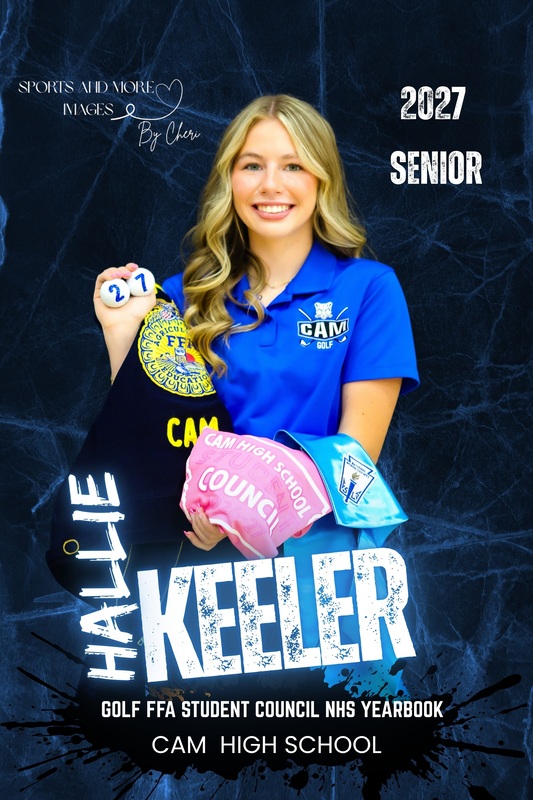 CAM senior Hallie Keeler pictured with items representing FFA, student council, NHS, and golf