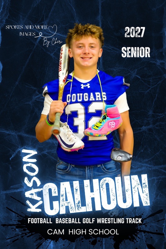 CAM senior Karson Calhoun pictured with items representing baseball, track, and golf