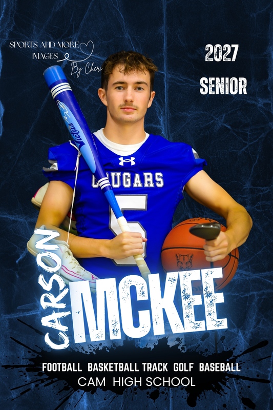 CAM senior Carson McKee pictured with items representing baseball, track, basketball, and golf