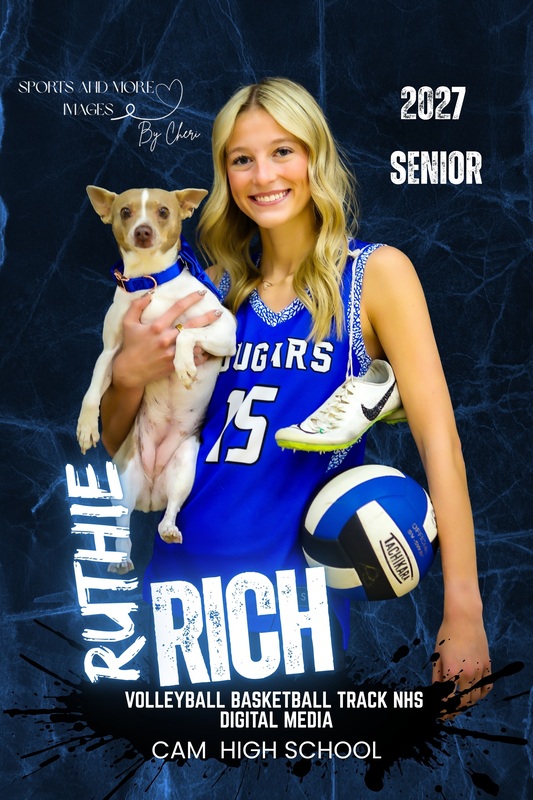 CAM senior Ruthie Rich pictured with items representing track and volleyball. She is holding her small white dog