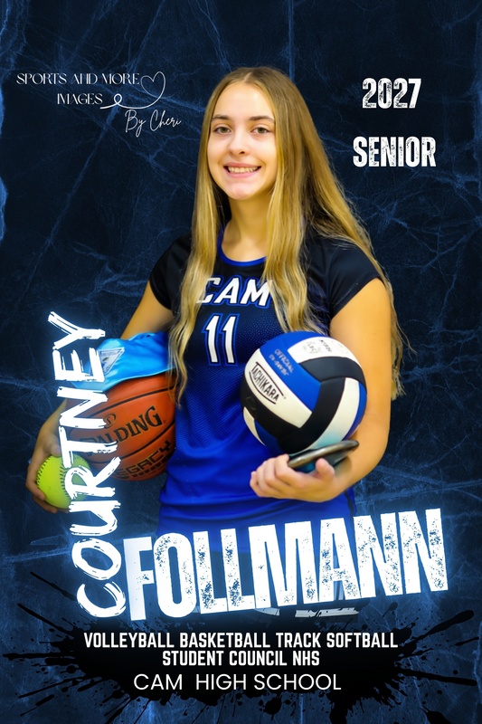 CAM senior Courtney Follmann pictured with items representing softball, track, NHS, basketball, and Volleyball