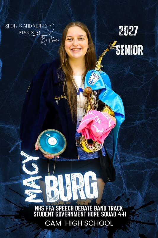 CAM senior Macy Burg is pictured representing Track, NHS, Debate, and Band