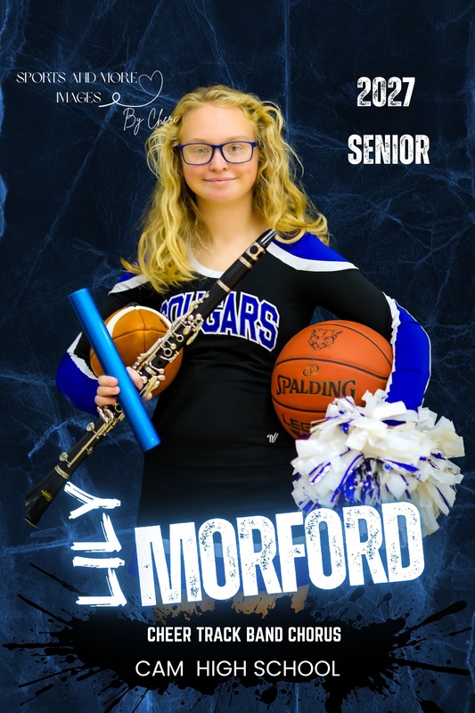 CAM senior Lily Morford pictured with items representing band, track, and cheer of multiple sports