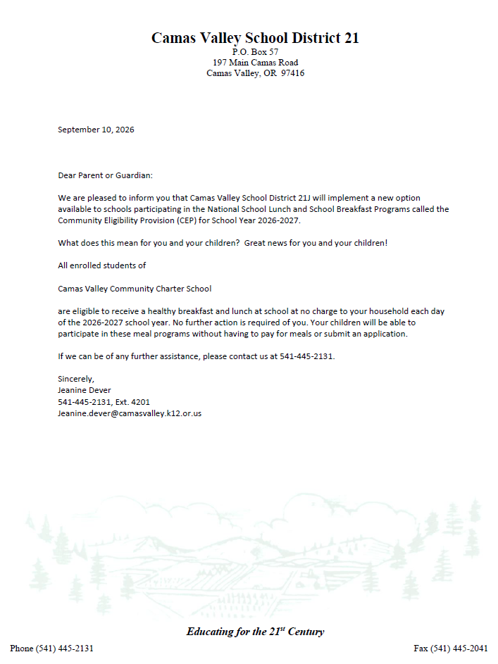 Food Services Letter To Families