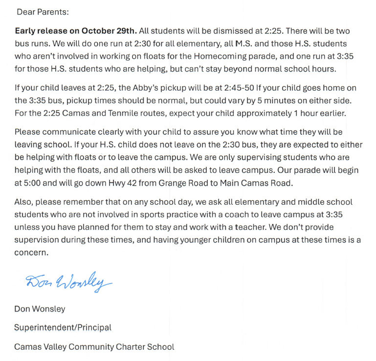 Early Release Letter