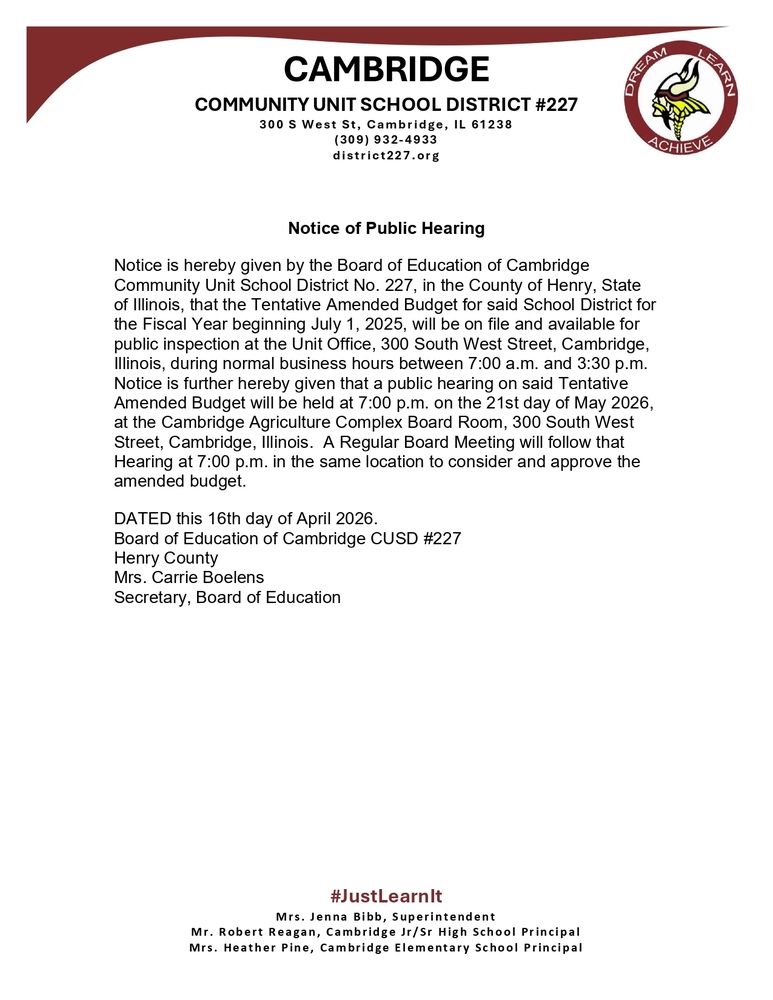 Tentative Amended Budget Hearing Notice