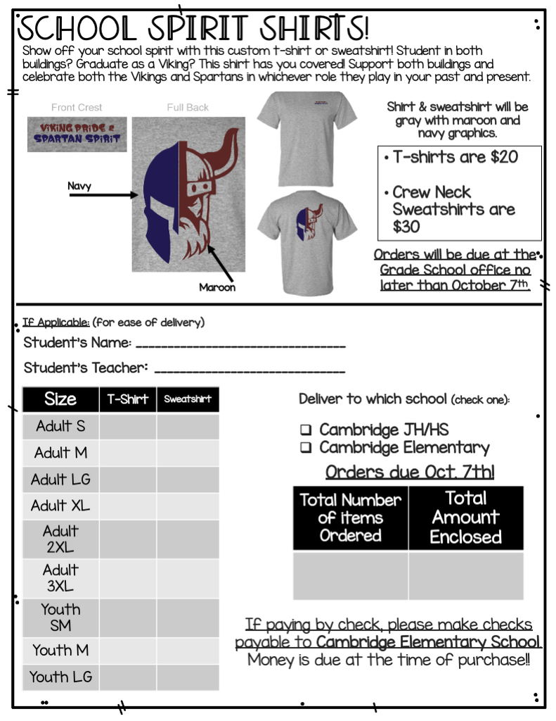 School spirit shirt order form