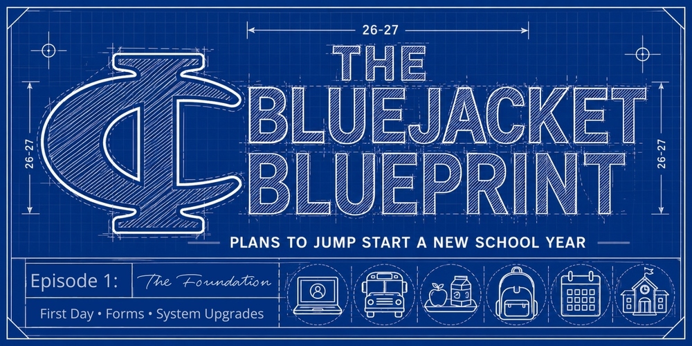 Blueprint style graphic for "The Bluejacket Blueprint: Episode 1: The Foundation" featuring first day info and system upgrades.