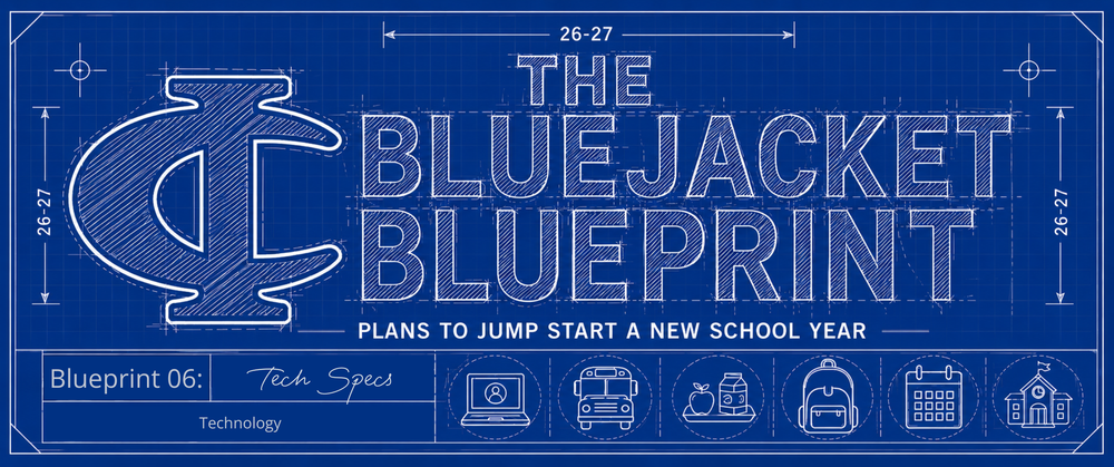 The Bluejacket Blueprint header graphic with plans to jump start a new school year, featuring Tech Specs for technology.