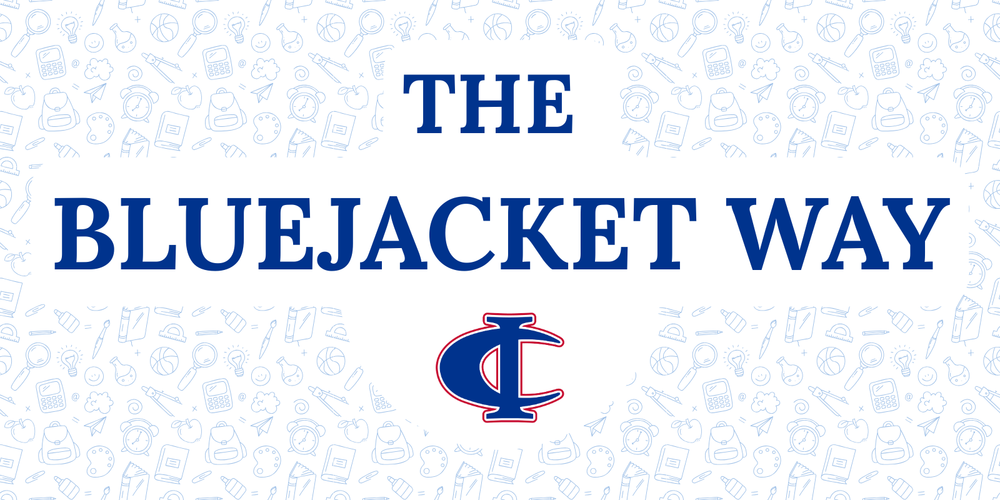 Blue and white graphic with school-themed icons, the words ‘The Bluejacket Way,’ and the CI logo centered below.