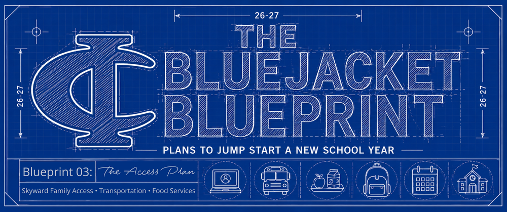 The Bluejacket Blueprint: The Access Plan covering Skyward Family Access, Transportation, and Food Services.
