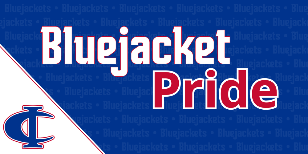 Bluejacket Pride text on a blue background with a stylized overlapping C-I school logo.