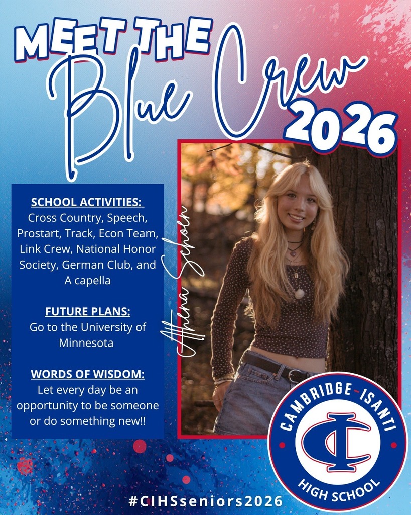 Cambridge-Isanti High School senior spotlight featuring Athena Schoen, Class of 2026, with student photo and highlights.