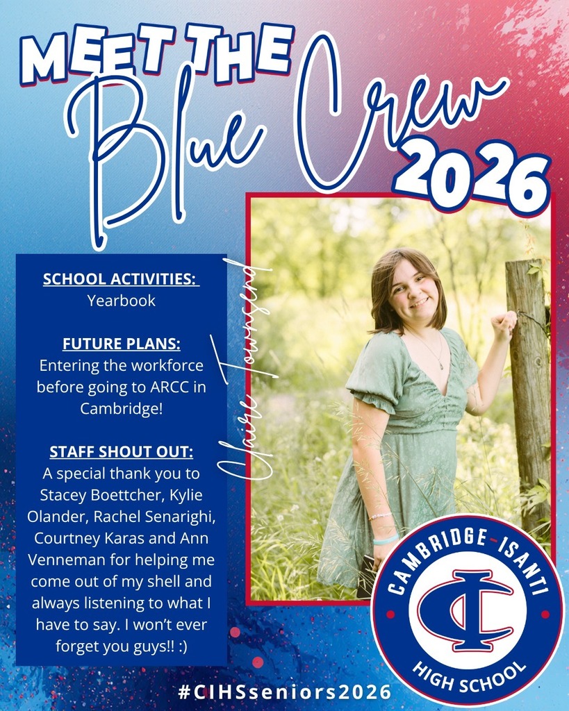 Cambridge-Isanti High School senior spotlight featuring Claire Townsend, Class of 2026, with student photo and highlights.