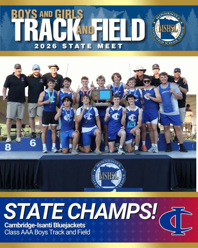 Cambridge-Isanti Bluejackets Class AAA Boys Track and Field team holding their 2026 State Champions trophy on the podium.