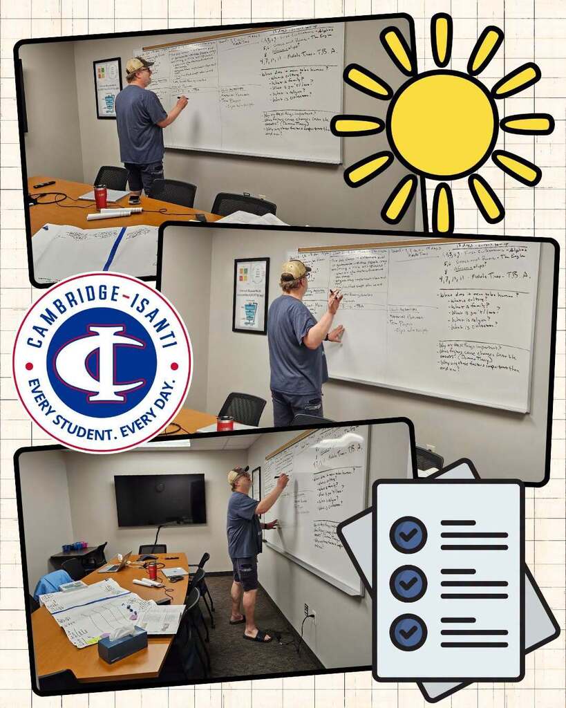 A teacher writes history curriculum notes on a large whiteboard during a staff planning session in a meeting room.