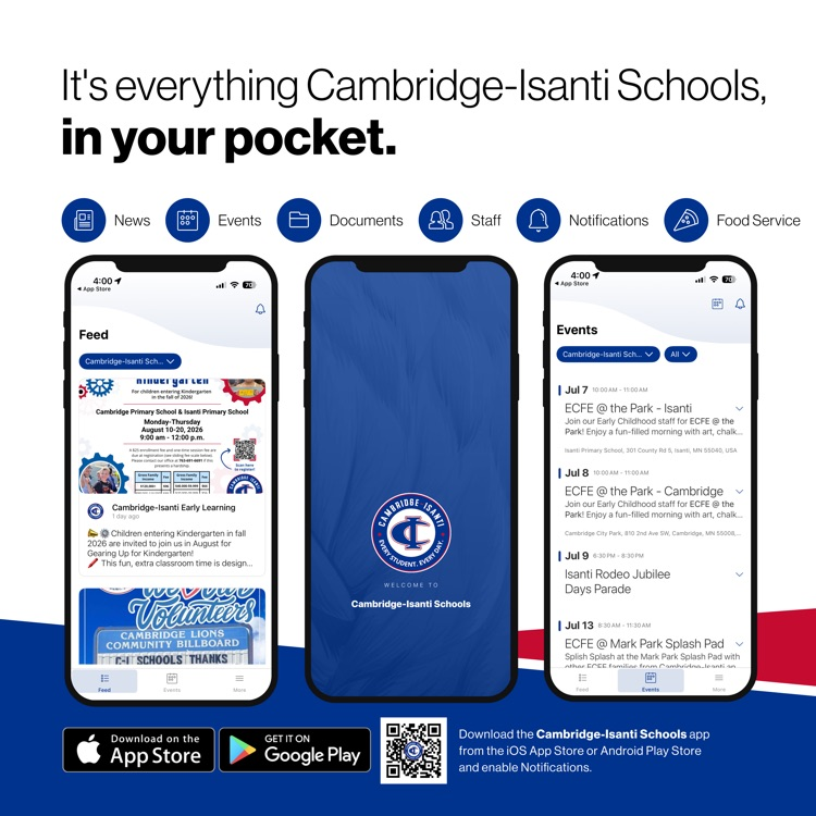 Promotional graphic for Cambridge-Isanti Schools app showing app features, download links, and mobile mockups.