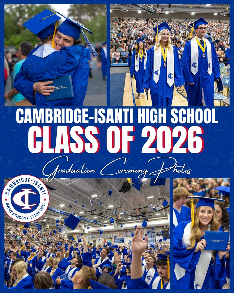 Photo collage of Cambridge-Isanti High School Class of 2026 graduation ceremony, showing graduates celebrating.