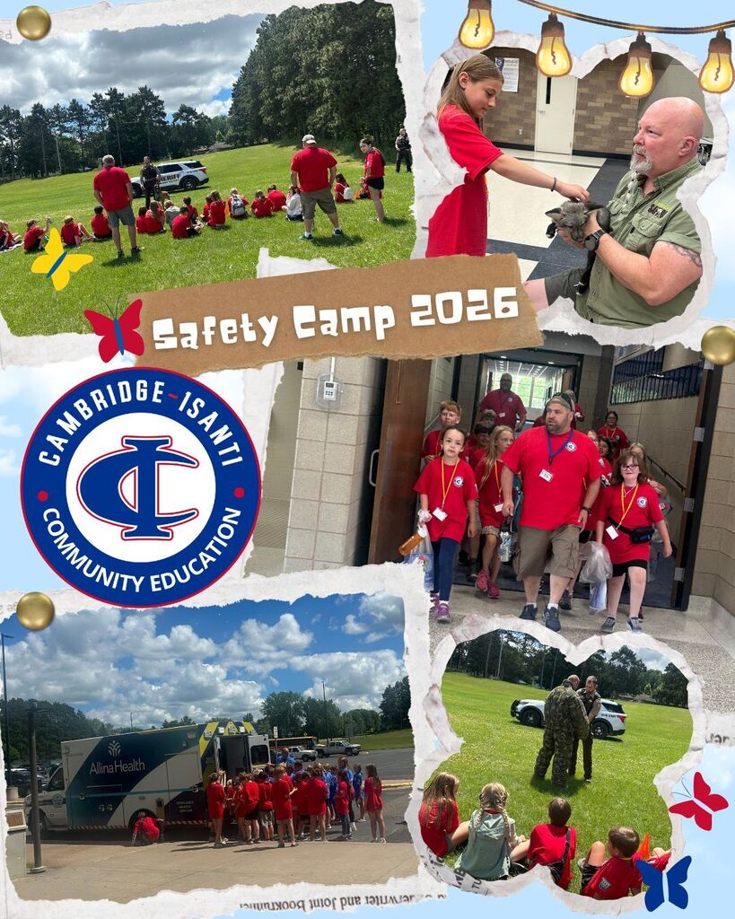 Photo collage of Cambridge-Isanti Community Education Safety Camp 2026, showing students learning from emergency responders.
