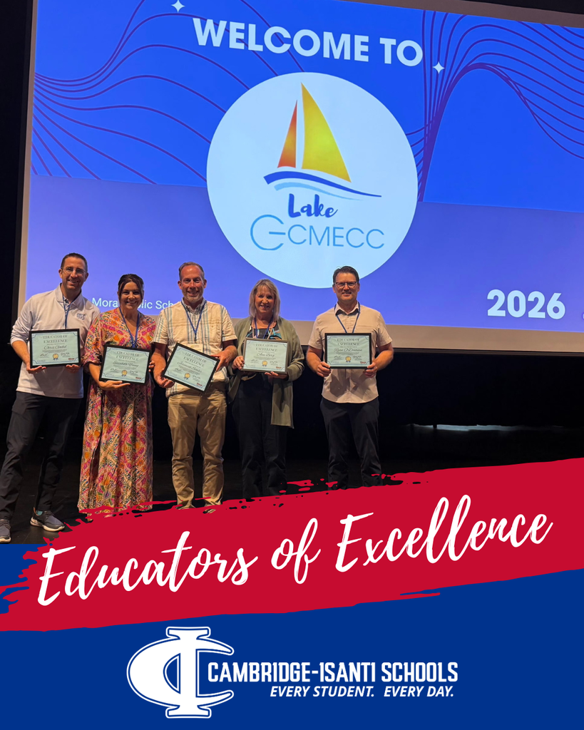 Five educators hold Educator of Excellence award certificates on stage at a Cambridge-Isanti Schools event.