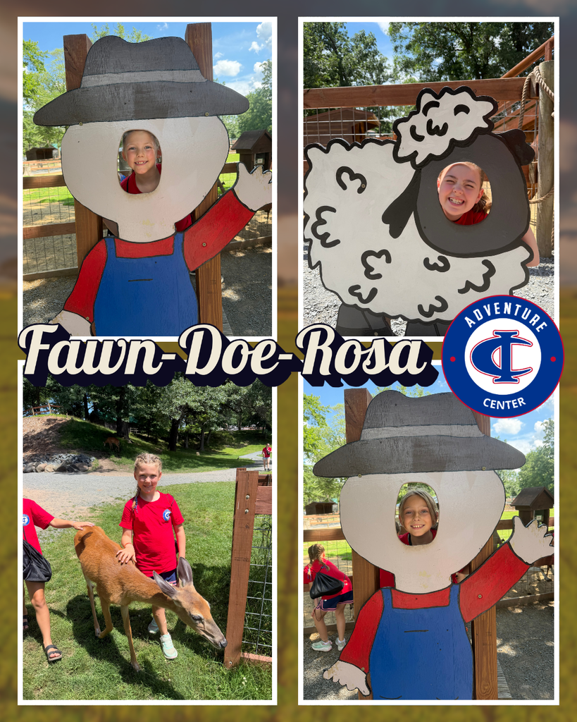 Students visit Fawn-Doe-Rosa, posing with animal photo cutouts and petting a deer. Adventure Center logo included.