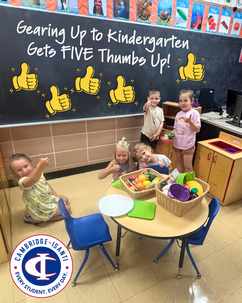 Five young students give a thumbs-up in a classroom, with the text "Gearing Up to Kindergarten Gets FIVE Thumbs Up!"