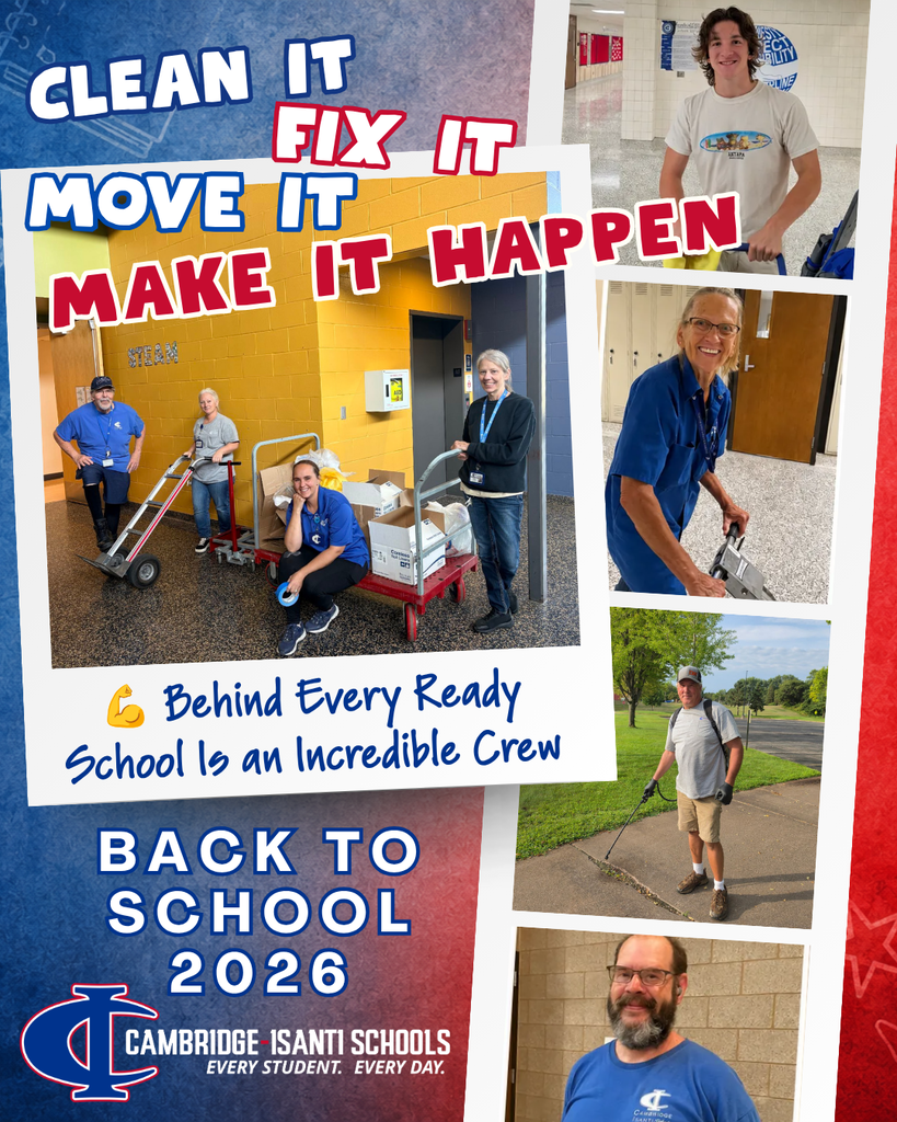 Back to School 2026 collage for Cambridge-Isanti Schools featuring photos of custodial and staff crew preparing facilities.