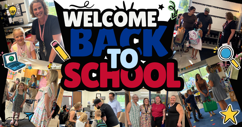 A photo collage featuring teachers, students, and parents smiling and interacting in elementary school classrooms during Open House, centered around large text that reads "WELCOME BACK TO SCHOOL."